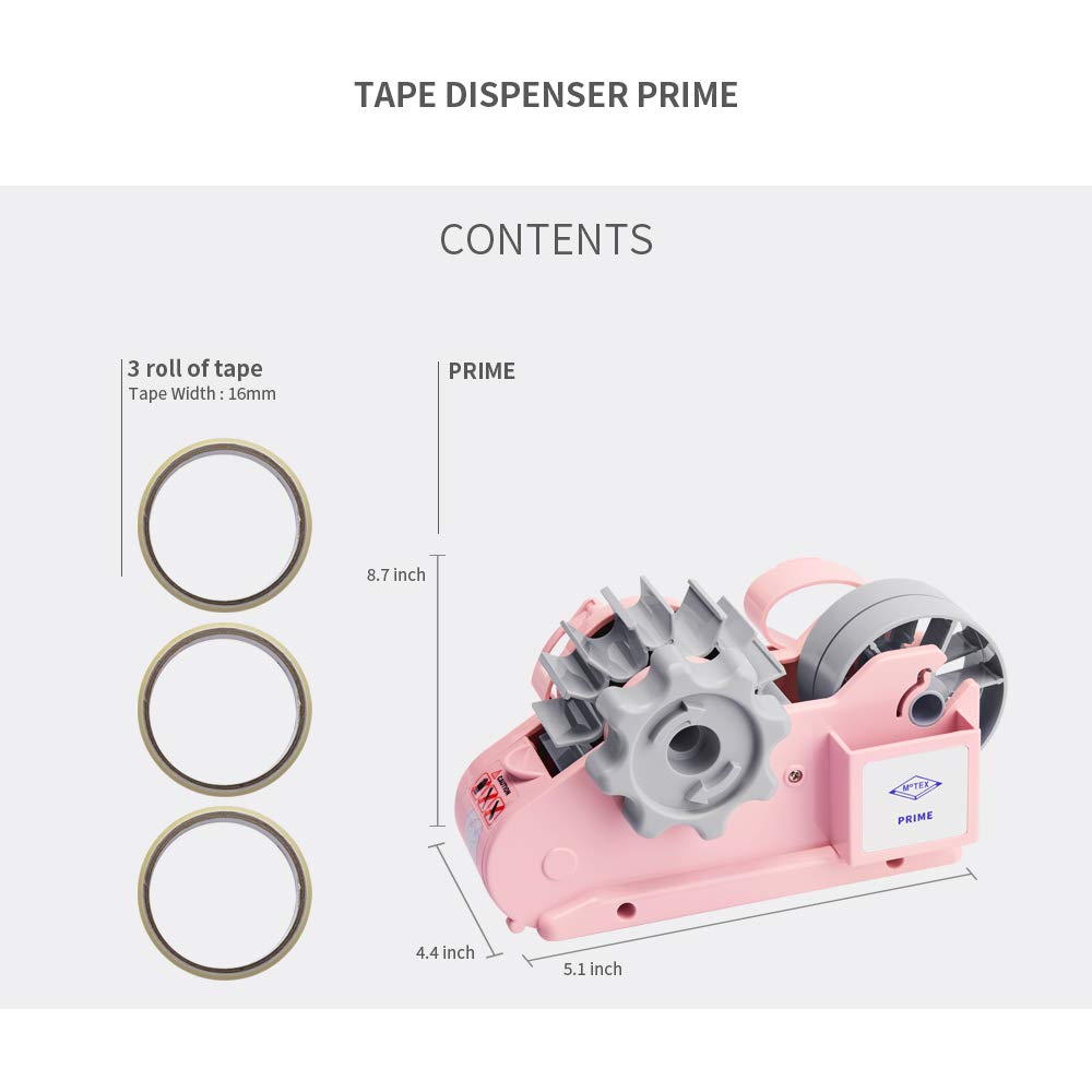 MoTEX Tape Dispenser Compatible with 3 Inch Core Tapes, 3 Rolls of Transparent Tapes with Dispenser -Prime (Light Pink)