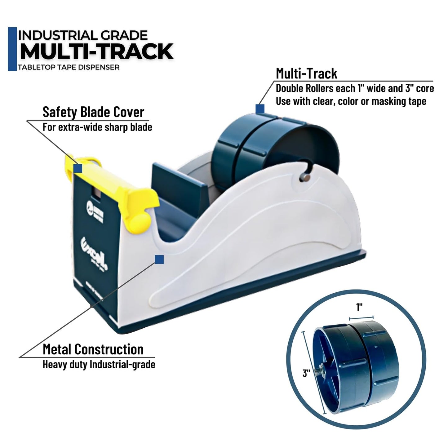 Excell Premium Steel 3 inch Core Metal Multi-Roll Desktop Tape Dispenser for Masking, Packing, Shipping, Packaging, and Painter (1-inch Wide)