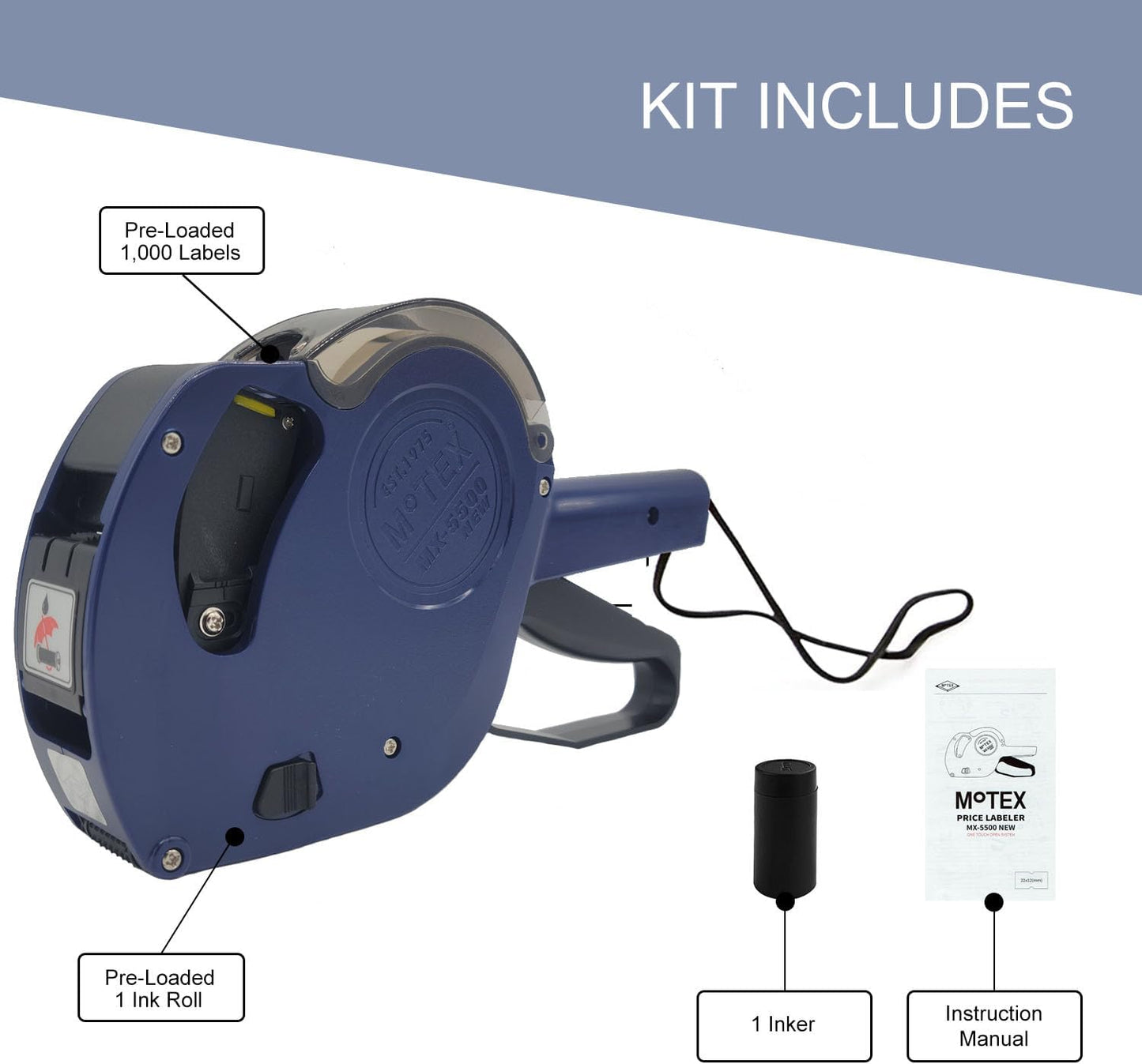 Motex MX-5500 New Version 1 Line 8 Digits Price Tag Gun – Pre-Loaded 1,000 White Sticker Labels and Pre-Loaded Inker with 1 Ink Refill (Dark Blue)