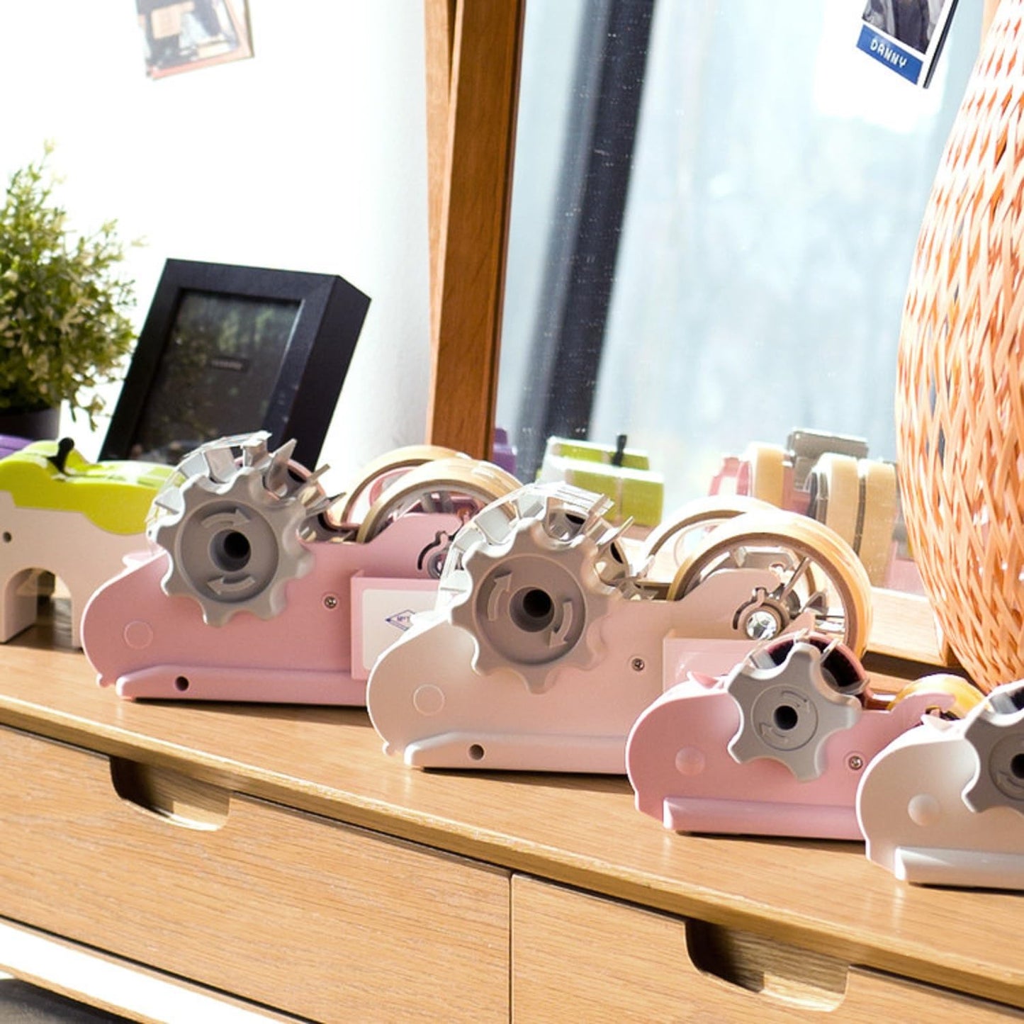 MoTEX Tape Dispenser Compatible with 3 Inch Core Tapes, 3 Rolls of Transparent Tapes with Dispenser -Prime (Light Pink)