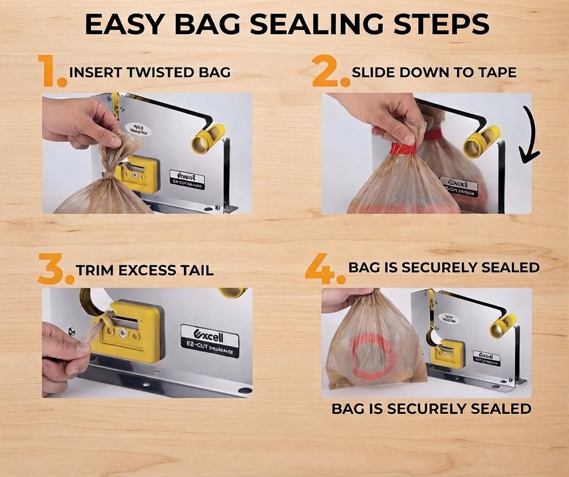 Excell Bag Sealer Tape Dispenser with Integrated Trimmer, Heavy Duty Stainless Steel – Fits 1/2" Tape on 3" Core for Meat Packaging, Bakeries, Produce & Retail