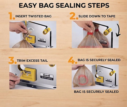 Excell Bag Sealer Tape Dispenser with Integrated Trimmer, Heavy Duty Stainless Steel – Fits 1/2" Tape on 3" Core for Meat Packaging, Bakeries, Produce & Retail