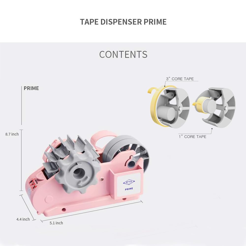 MoTEX Tape Dispenser Compatible with 3 Inch Core Tapes, 3 Rolls of Transparent Tapes with Dispenser -Prime (Light Pink)