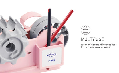 MoTEX Tape Dispenser Compatible with 3 Inch Core Tapes, 3 Rolls of Transparent Tapes with Dispenser -Prime (Light Pink)