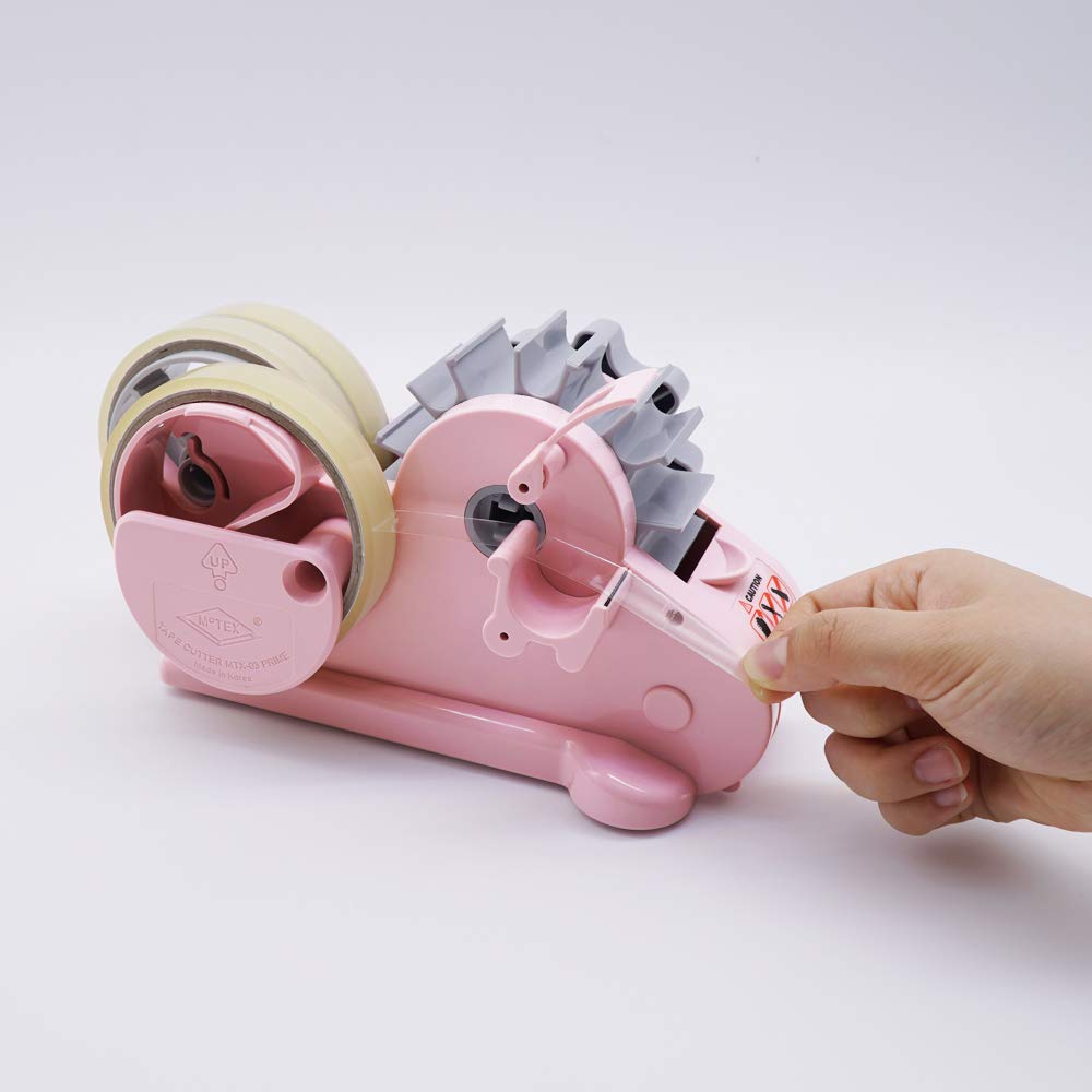 MoTEX Tape Dispenser Compatible with 3 Inch Core Tapes, 3 Rolls of Transparent Tapes with Dispenser -Prime (Light Pink)