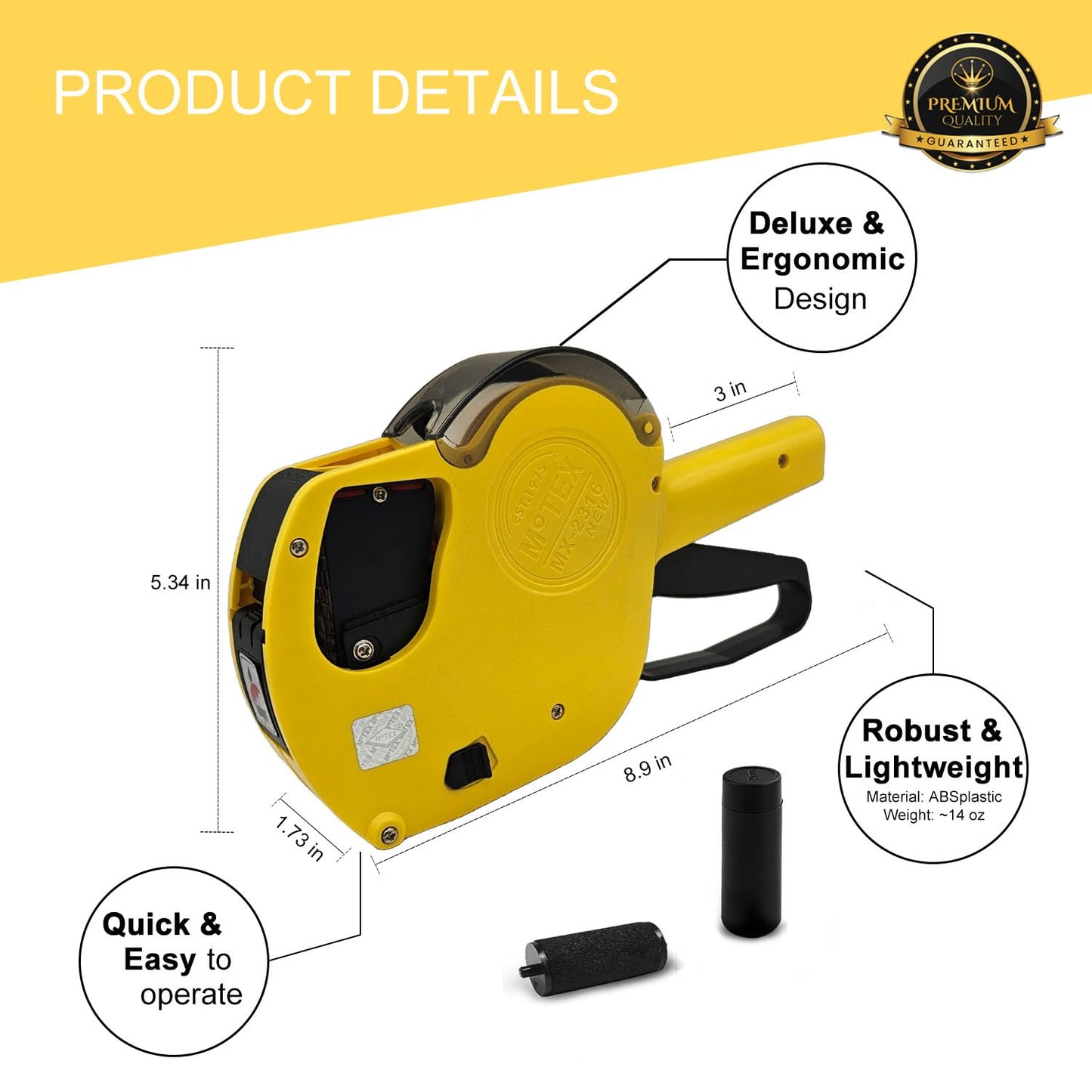 Motex MX-5500 New Version 1 Line 8 Digits Date Marking Gun – Pre-Loaded 1,000 White Sticker Labels and Pre-Loaded Inker with 1 Ink Refill - for Grocery Store, Retail Shop, Garage Sale (White)