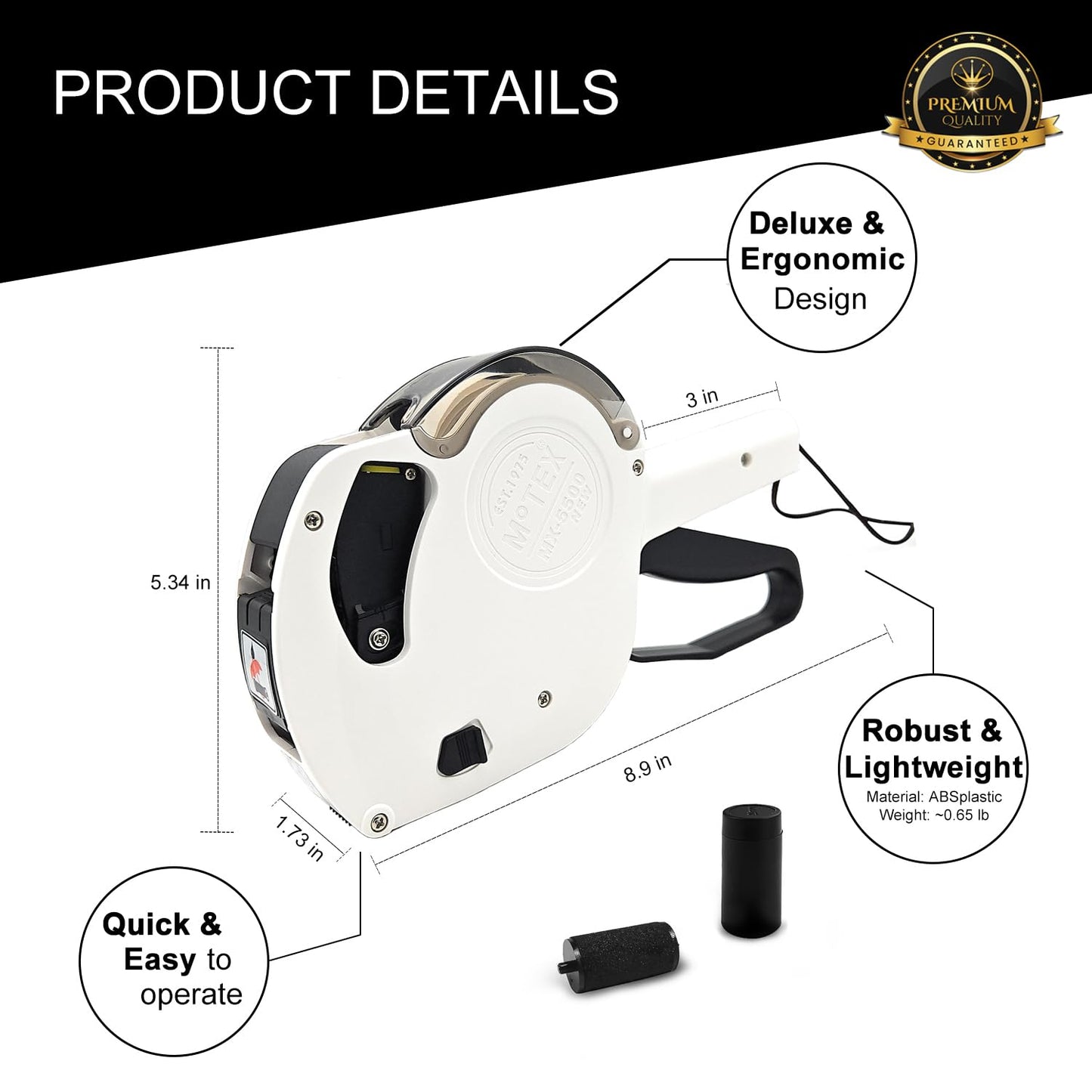 Motex MX-5500 New Version 1 Line 8 Digits Date Marking Gun – Pre-Loaded 1,000 White Sticker Labels and Pre-Loaded Inker with 1 Ink Refill - for Grocery Store, Retail Shop, Garage Sale (White)