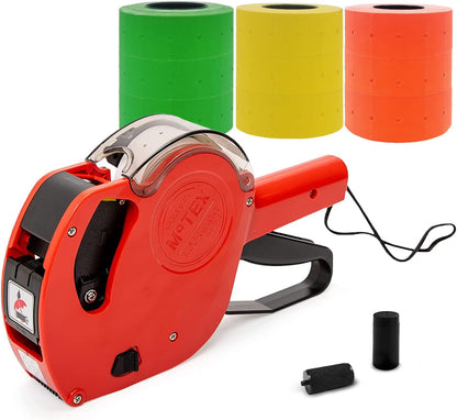 Motex MX-5500 New Version 1 Line 8 Digits Price Tag Gun Kit - Includes 10,000 Blank Labels (White + Red + Yellow + Green) and 1 Pre-Loaded Inker with 1 Ink Refill