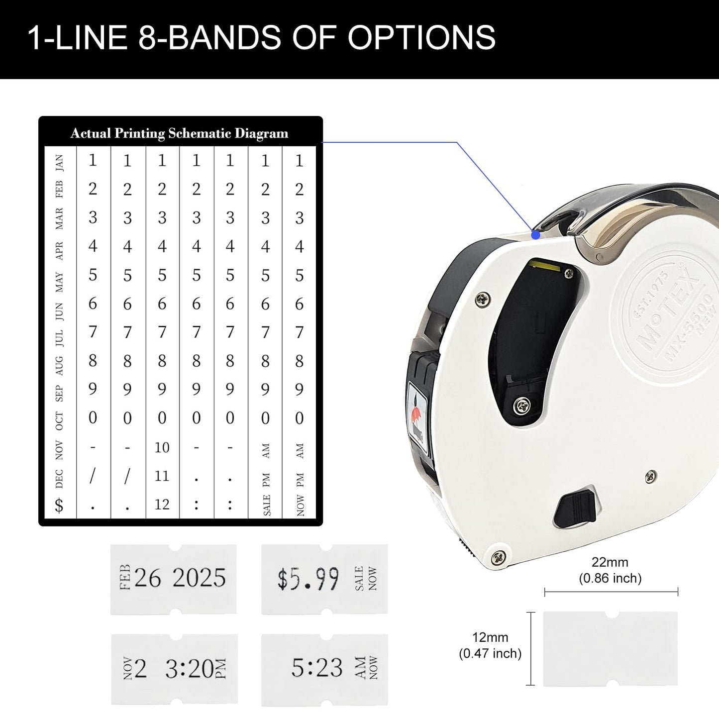 Motex MX-5500 New Version 1 Line 8 Digits Date Marking Gun – Pre-Loaded 1,000 White Sticker Labels and Pre-Loaded Inker with 1 Ink Refill - for Grocery Store, Retail Shop, Garage Sale (White)