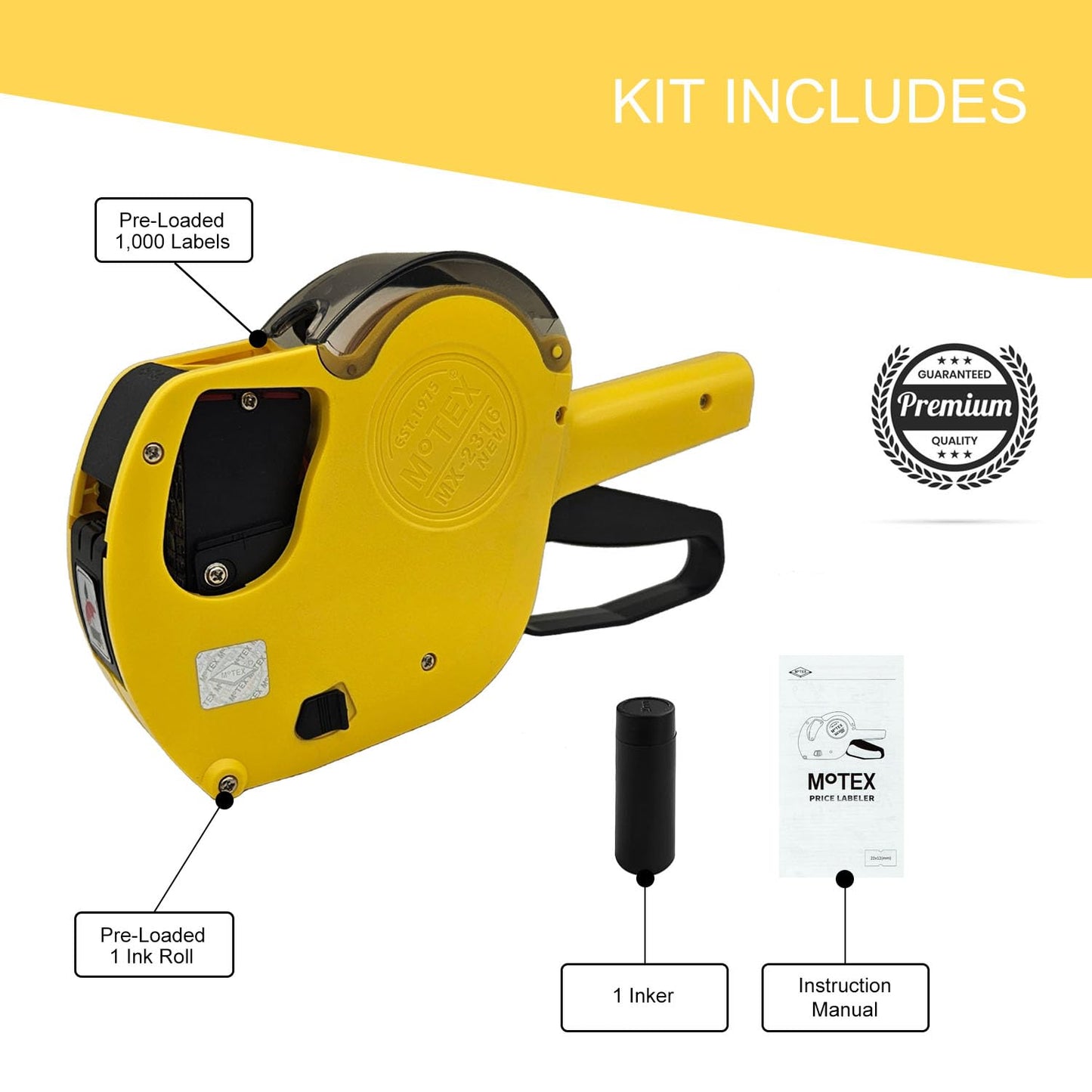 Motex MX-5500 New Version 1 Line 8 Digits Date Marking Gun – Pre-Loaded 1,000 White Sticker Labels and Pre-Loaded Inker with 1 Ink Refill - for Grocery Store, Retail Shop, Garage Sale (White)