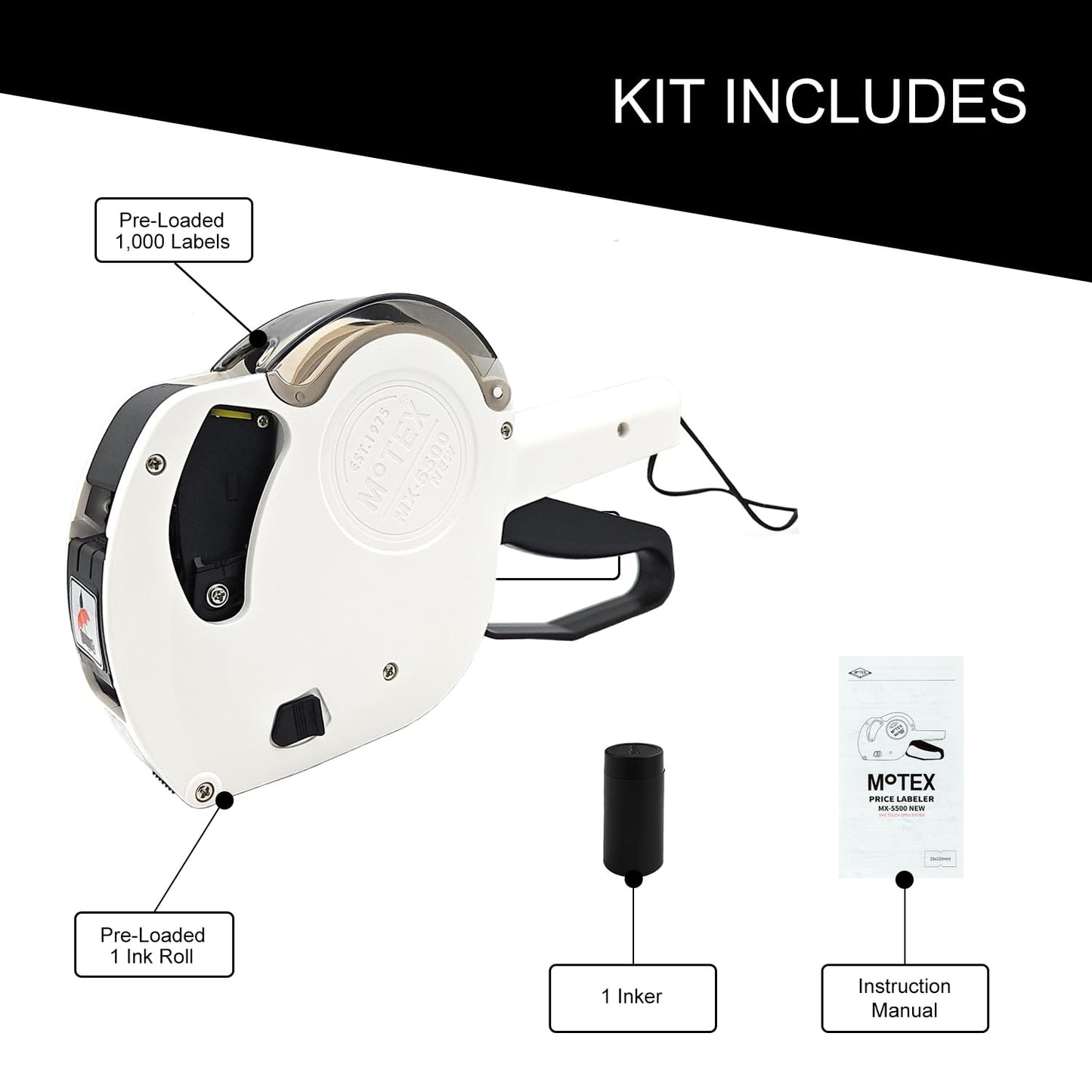 Motex MX-5500 New Version 1 Line 8 Digits Date Marking Gun – Pre-Loaded 1,000 White Sticker Labels and Pre-Loaded Inker with 1 Ink Refill - for Grocery Store, Retail Shop, Garage Sale (White)