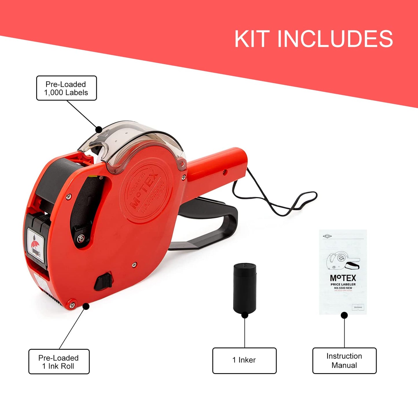 Motex MX-5500 New Version 1 Line 8 Digits Date Marking Gun – Pre-Loaded 1,000 White Sticker Labels and Pre-Loaded Inker with 1 Ink Refill - for Grocery Store, Retail Shop, Garage Sale (White)