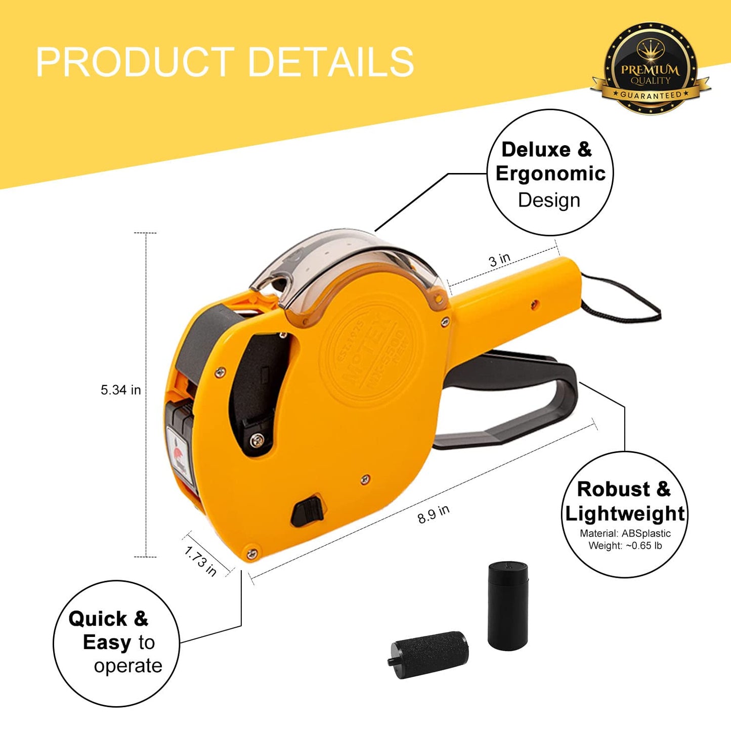 Motex MX-5500 New Version 1 Line 8 Digits Date Marking Gun – Pre-Loaded 1,000 White Sticker Labels and Pre-Loaded Inker with 1 Ink Refill - for Grocery Store, Retail Shop, Garage Sale (White)