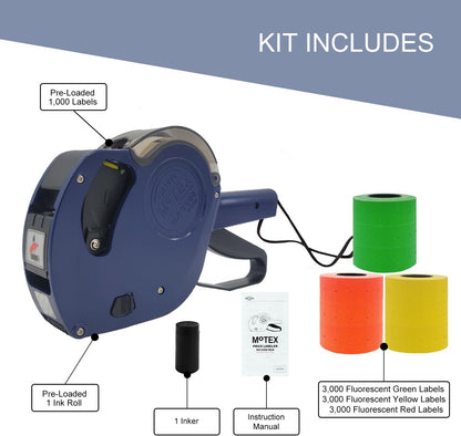 Motex MX-5500 New Version 1 Line 8 Digits Price Tag Gun Kit - Includes 10,000 Blank Labels (White + Red + Yellow + Green) and 1 Pre-Loaded Inker with 1 Ink Refill