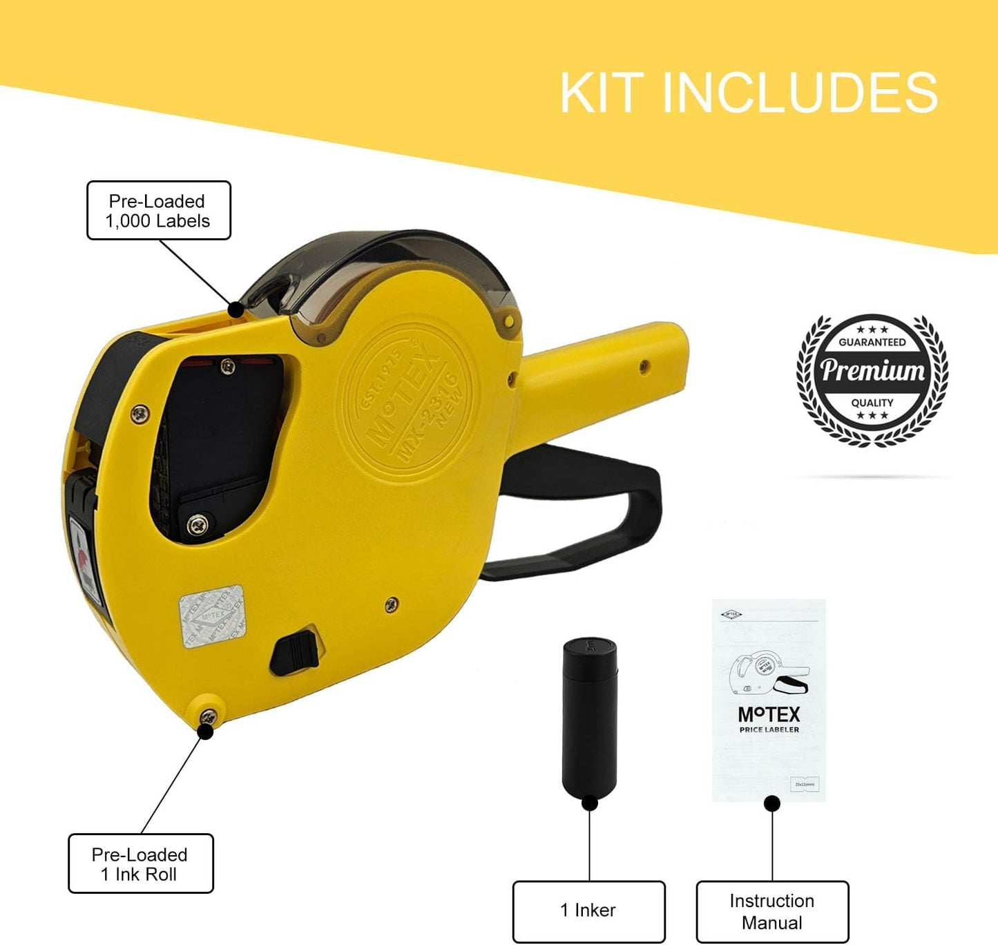 Motex MX-5500 New Version 1 Line 8 Digits Date Marking Gun – Pre-Loaded 1,000 White Sticker Labels and Pre-Loaded Inker with 1 Ink Refill - for Grocery Store, Retail Shop, Garage Sale (White)