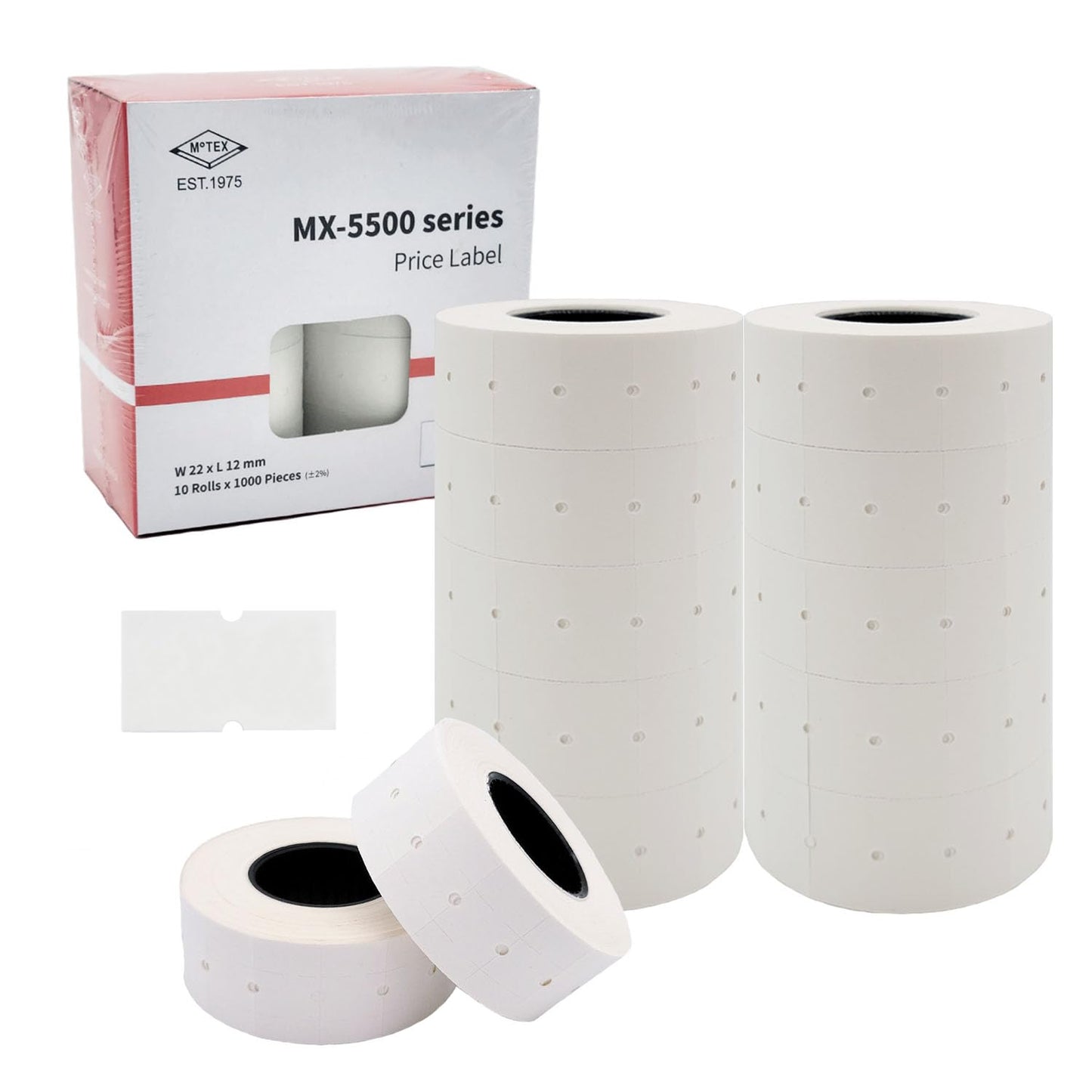 Motex 1 Line White Labels - 10,000 White Blank Price and Date Gun Labels with 1 Ink Roll, Fits MX-5500 and Perco 1 Line Price and Date Guns