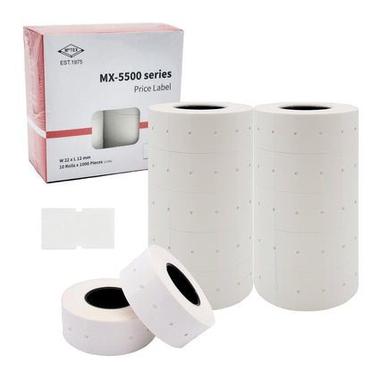 Motex 1 Line White Labels - 10,000 White Blank Price and Date Gun Labels with 1 Ink Roll, Fits MX-5500 and Perco 1 Line Price and Date Guns