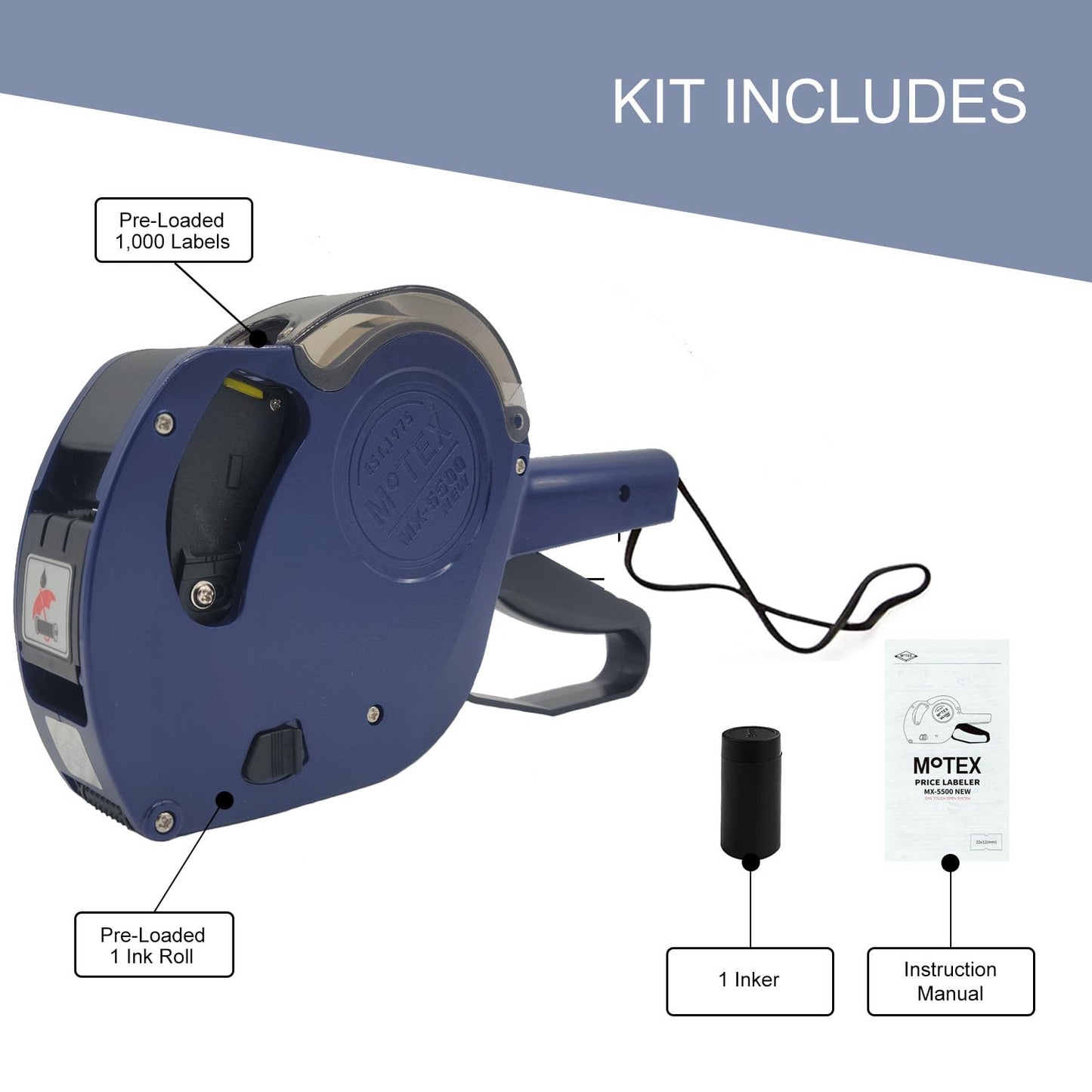 Motex MX-5500 New Version 1 Line 8 Digits Date Marking Gun – Pre-Loaded 1,000 White Sticker Labels and Pre-Loaded Inker with 1 Ink Refill - for Grocery Store, Retail Shop, Garage Sale (White)