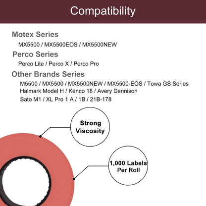 MoTEX 1 Line Fluorescent Red Blank Labels - 25,000 Blank Price and Date Gun Labels with 1 Ink Roller