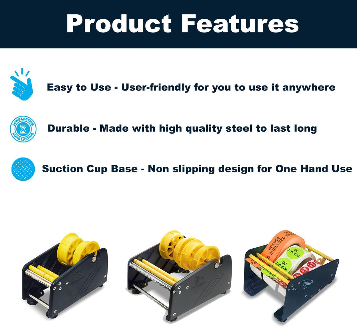 Manual Label Sticker Dispenser with 4 Suction Cups Base for Tabletop, Adjustable Holder for Multiple Rolls