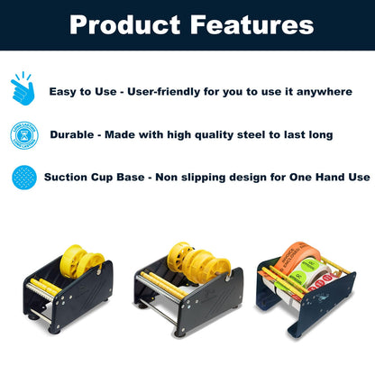 Manual Label Sticker Dispenser with 4 Suction Cups Base for Tabletop, Adjustable Holder for Multiple Rolls
