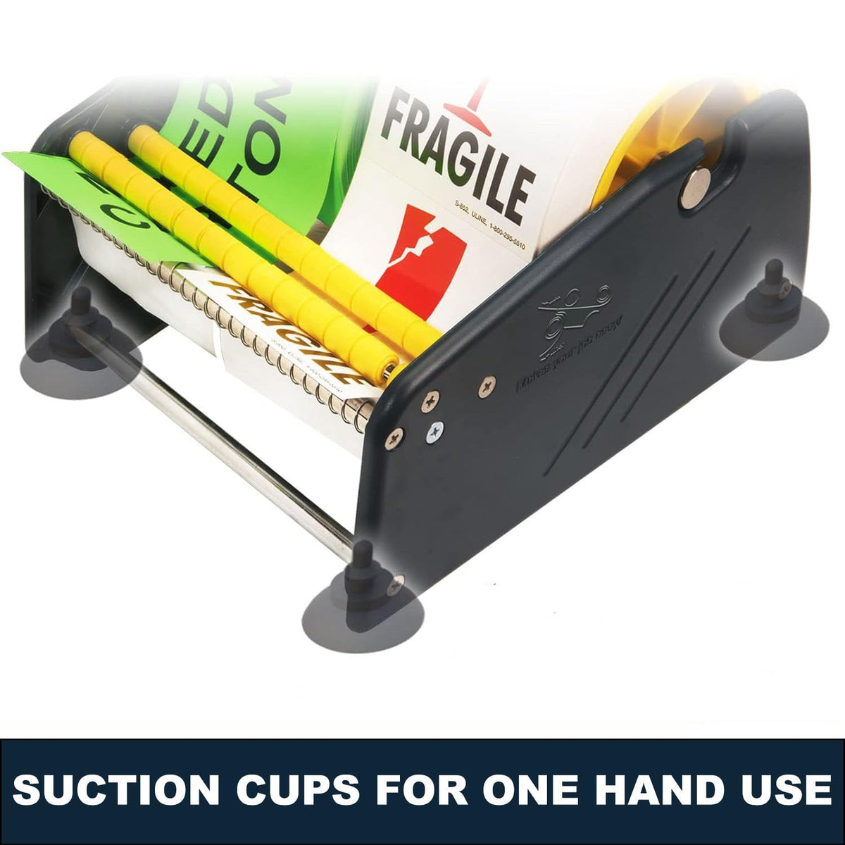 Manual Label Sticker Dispenser with 4 Suction Cups Base for Tabletop, Adjustable Holder for Multiple Rolls
