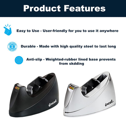 MDJ by Excell Desktop Tape Dispenser (Fits 1" + 3" Core) with Heavy-Weighted Base for One-Hand Dispensing for Office, Home, School, Masking, Heat Transfer, Sublimation, Crafts, Gift Wrapping (Chrome)