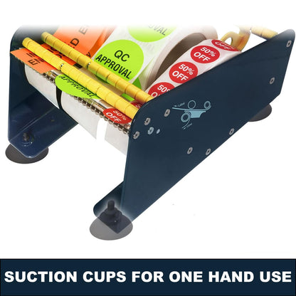 Manual Label Sticker Dispenser with 4 Suction Cups Base for Tabletop, Adjustable Holder for Multiple Rolls