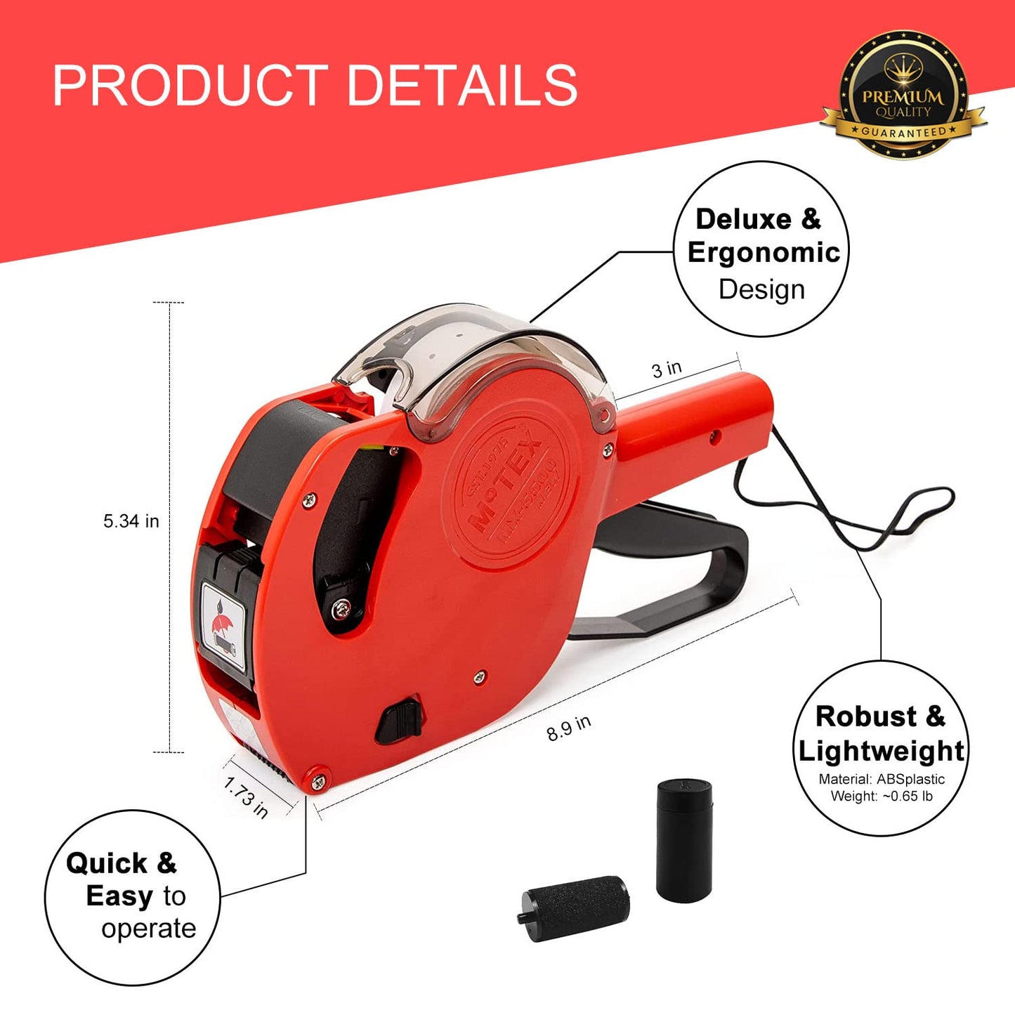 Motex MX-5500 New Version 1 Line 8 Digits Date Marking Gun – Pre-Loaded 1,000 White Sticker Labels and Pre-Loaded Inker with 1 Ink Refill - for Grocery Store, Retail Shop, Garage Sale (White)