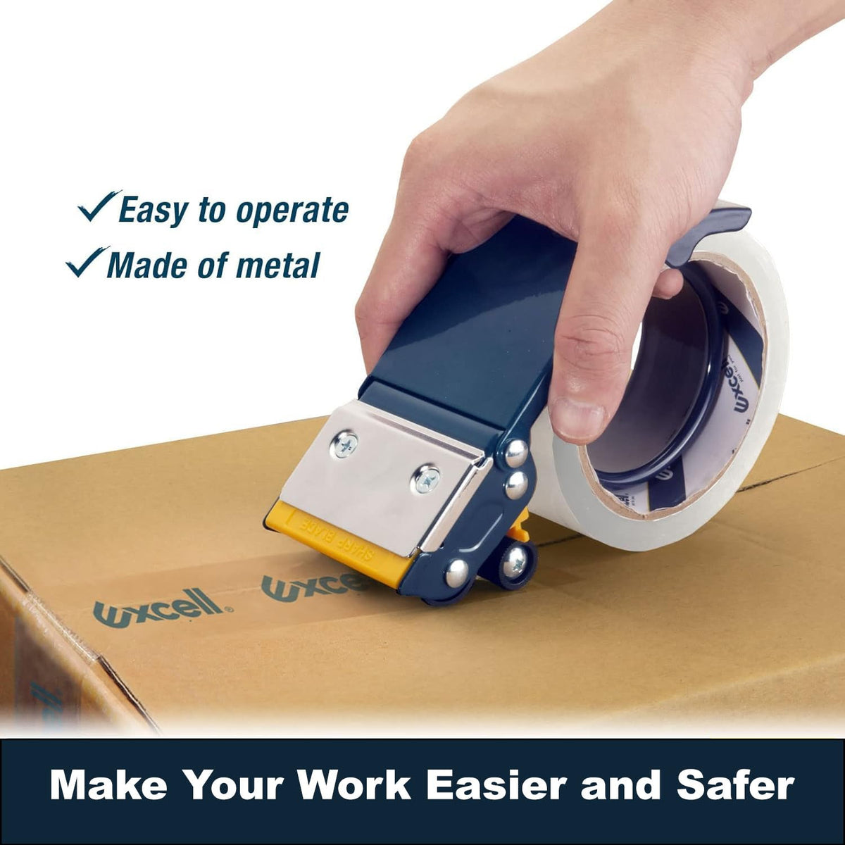 Excell Heavy-Duty Metal 2 Inch Packaging Tape Dispenser with Safety Blade Cover, Anti-Backflow Design, for Commercial Packaging, Shipping, Moving, Carton and Box Sealing