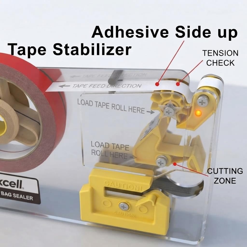 Excell Bag Sealer Tape Dispenser with Integrated Trimmer, Heavy Duty Stainless Steel – Fits 1/2" Tape on 3" Core for Meat Packaging, Bakeries, Produce & Retail
