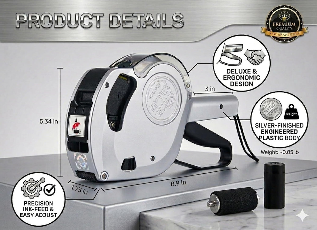 Motex Professional MX-5500NEW 1 Line 8 Digits Label Gun Kit - Includes 7,000 Blank Labels, Label Scraper and 1 Inker with 2 Ink Refill - for Grocery Store, Retail Shop, Garage Sale