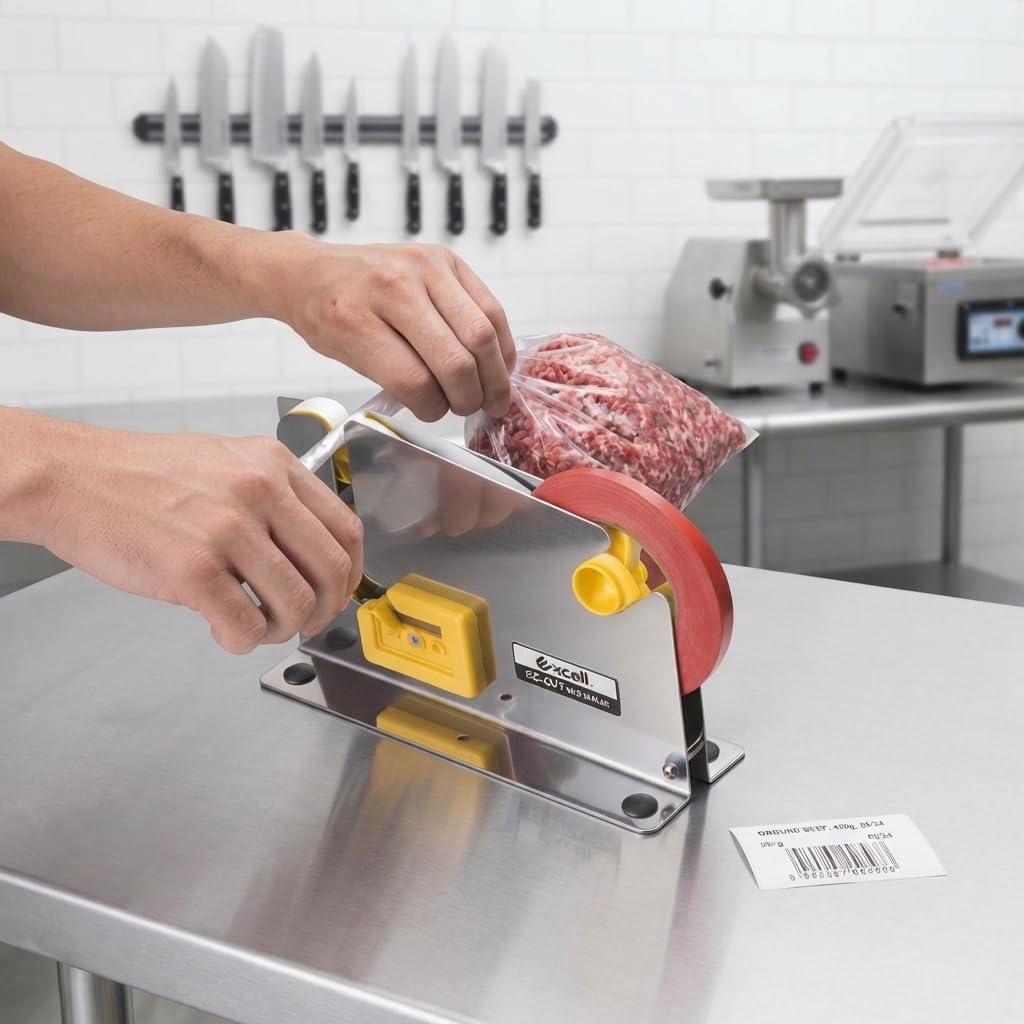 Excell Bag Sealer Tape Dispenser with Integrated Trimmer, Heavy Duty Stainless Steel – Fits 1/2" Tape on 3" Core for Meat Packaging, Bakeries, Produce & Retail