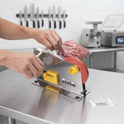 Excell Bag Sealer Tape Dispenser with Integrated Trimmer, Heavy Duty Stainless Steel – Fits 1/2" Tape on 3" Core for Meat Packaging, Bakeries, Produce & Retail