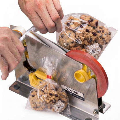 Excell Bag Sealer Tape Dispenser with Integrated Trimmer, Heavy Duty Stainless Steel – Fits 1/2" Tape on 3" Core for Meat Packaging, Bakeries, Produce & Retail
