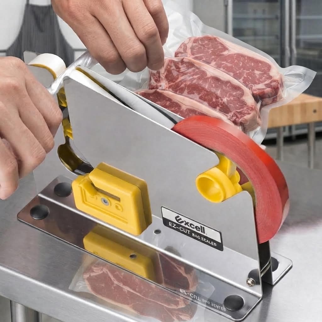Excell Bag Sealer Tape Dispenser with Integrated Trimmer, Heavy Duty Stainless Steel – Fits 1/2" Tape on 3" Core for Meat Packaging, Bakeries, Produce & Retail