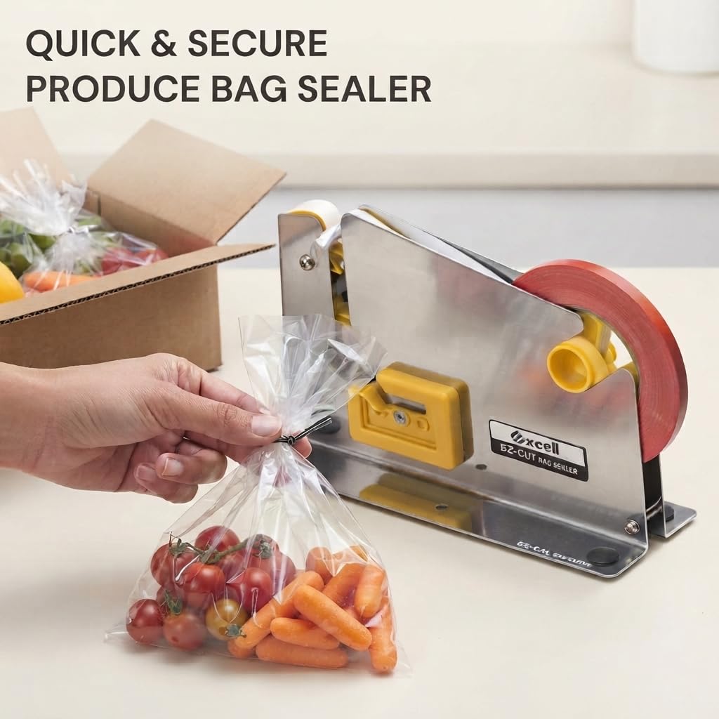 Excell Bag Sealer Tape Dispenser with Integrated Trimmer, Heavy Duty Stainless Steel – Fits 1/2" Tape on 3" Core for Meat Packaging, Bakeries, Produce & Retail