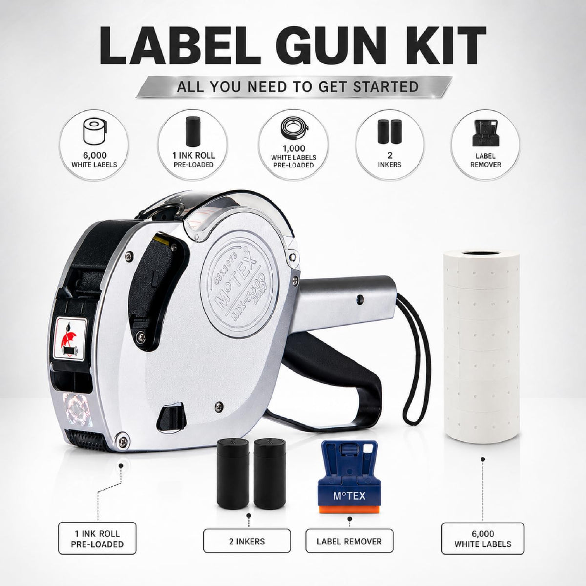 Motex Professional MX-5500NEW 1 Line 8 Digits Label Gun Kit - Includes 7,000 Blank Labels, Label Scraper and 1 Inker with 2 Ink Refill - for Grocery Store, Retail Shop, Garage Sale