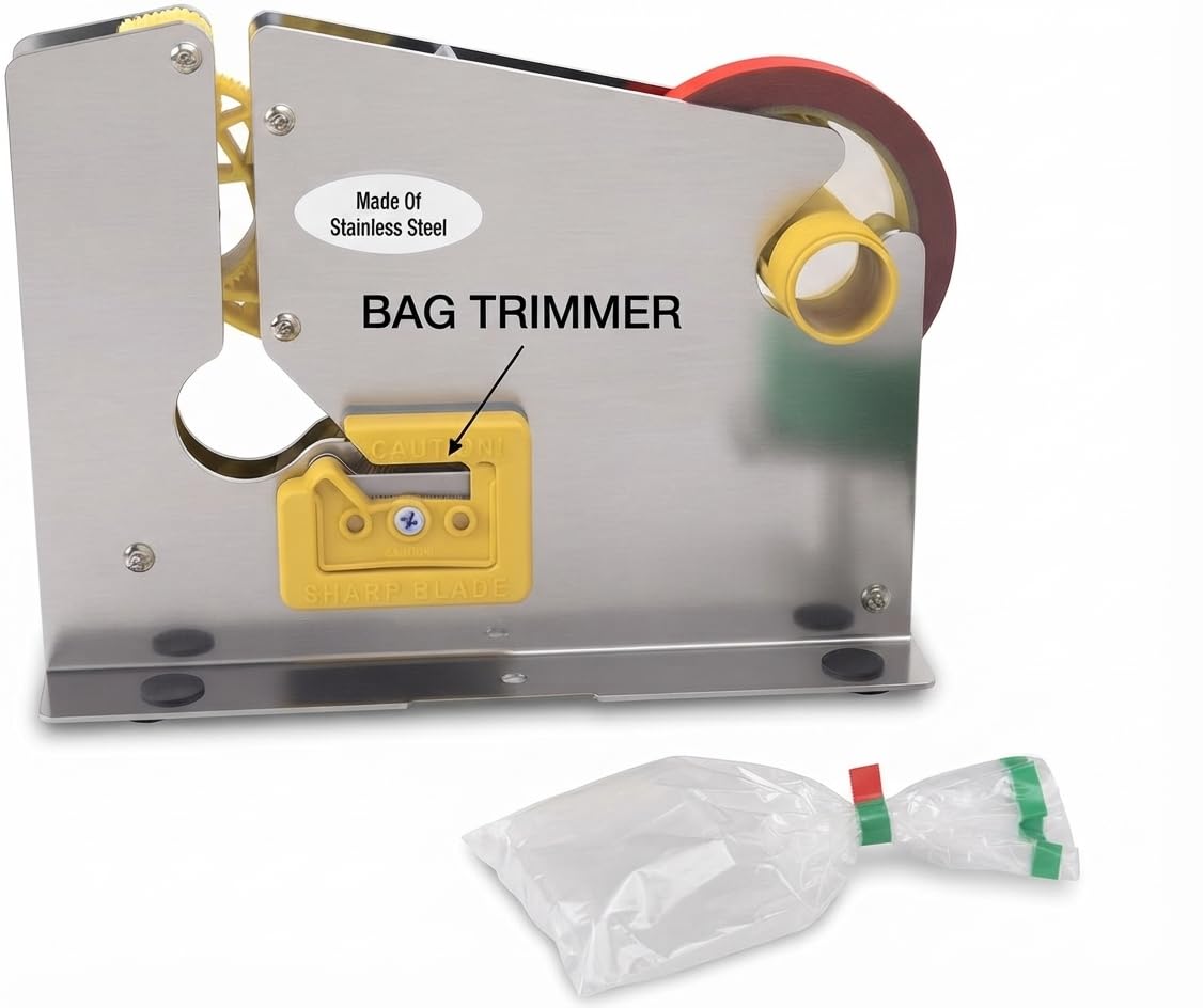 Excell Bag Sealer Tape Dispenser with Integrated Trimmer, Heavy Duty Stainless Steel – Fits 1/2" Tape on 3" Core for Meat Packaging, Bakeries, Produce & Retail